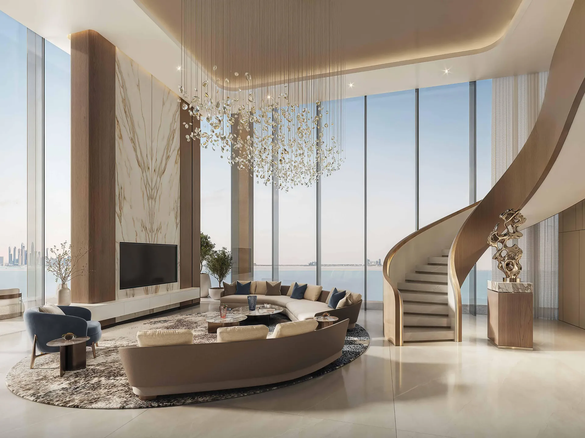 Sala ampla de uma cobertura Hilton Residences com vista panorâmica