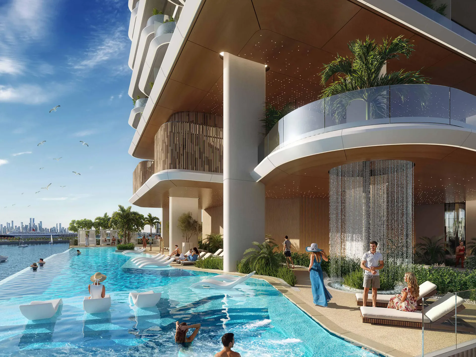 Piscina-lagoa e lazer à beira-mar do Hilton Residences